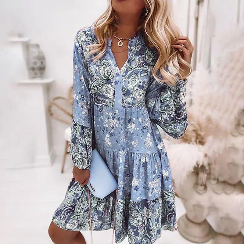 Dames Midi Jurk met V-hals en Bloemenprint Lange Mouw Boho Blauw