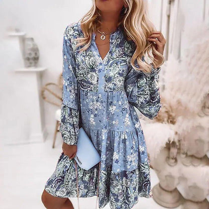 Dames Midi Jurk met V-hals en Bloemenprint Lange Mouw Boho Blauw