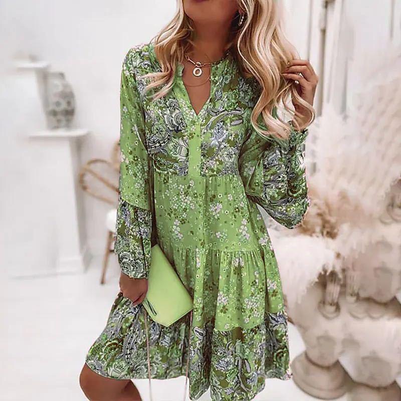 Dames Midi Jurk met V-hals en Bloemenprint Lange Mouw Boho Groen