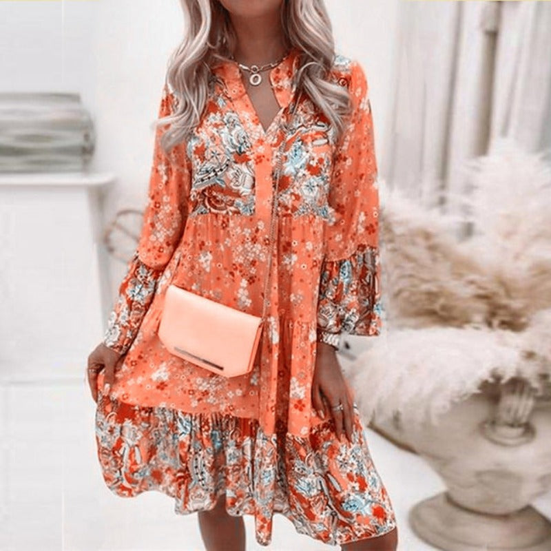 Dames Midi Jurk met V-hals en Bloemenprint Lange Mouw Boho Oranje