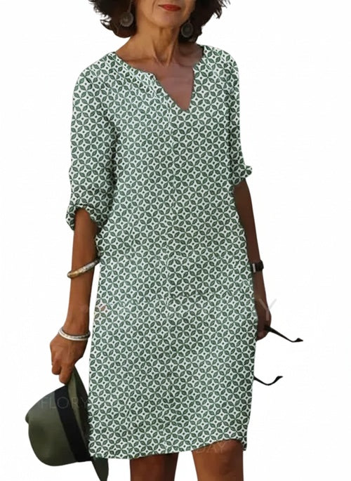 Dames Midi Jurk met V-hals en Driekwart Mouw Geometrische Print