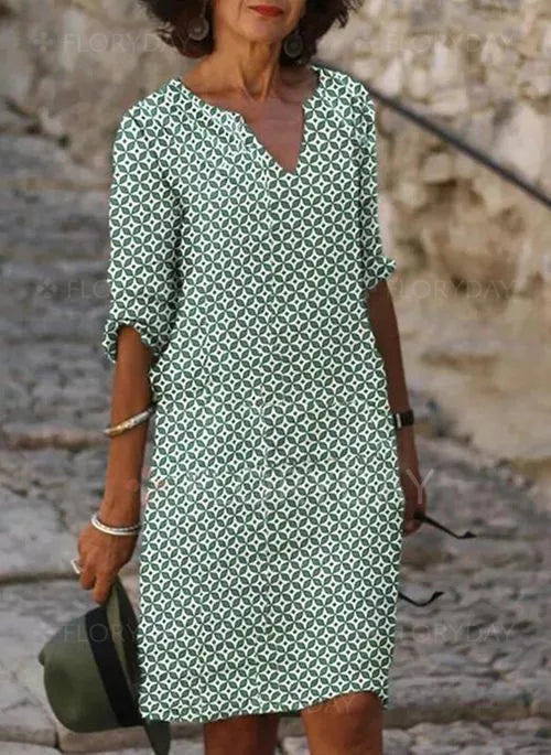 Dames Midi Jurk met V-hals en Driekwart Mouw Geometrische Print