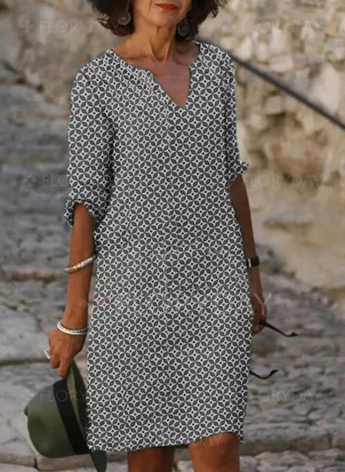 Dames Midi Jurk met V-hals en Driekwart Mouw Geometrische Print Grijs