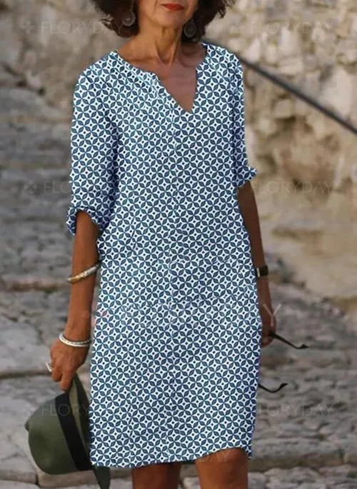 Dames Midi Jurk met V-hals en Driekwart Mouw Geometrische Print Blauw