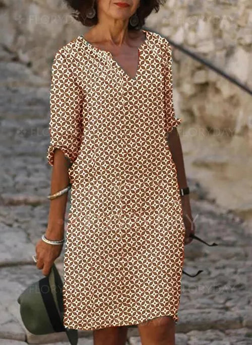 Dames Midi Jurk met V-hals en Driekwart Mouw Geometrische Print Bruin