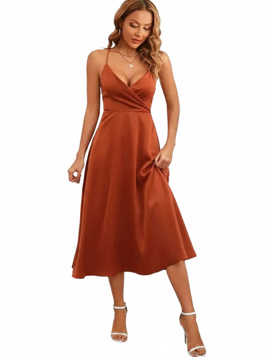 Dames Midi Jurk met V-hals en Gekruiste Spaghettibandjes en Strikdetail op de Rug Roestbruin