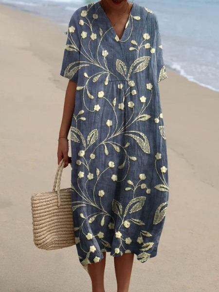 Dames Midi Jurk met V-hals en Korte Mouwen met Bloemenprint Wit Gele Bloemetjes