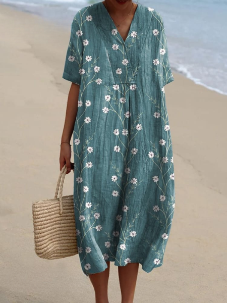 Dames Midi Jurk met V-hals en Korte Mouwen met Bloemenprint