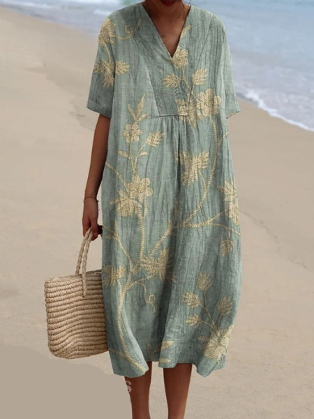 Dames Midi Jurk met V-hals en Korte Mouwen met Bloemenprint Groen Madeliefjes