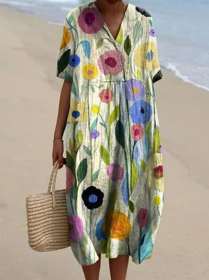 Dames Midi Jurk met V-hals en Korte Mouwen met Bloemenprint Crème Kleurrijke Bloemen