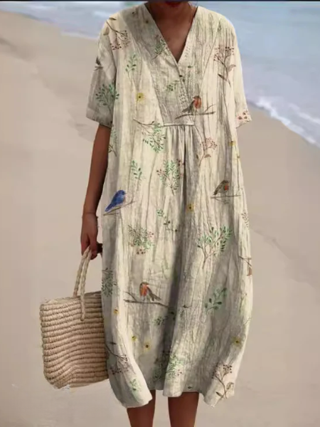 Dames Midi Jurk met V-hals en Korte Mouwen met Bloemenprint Beige Vogelprint