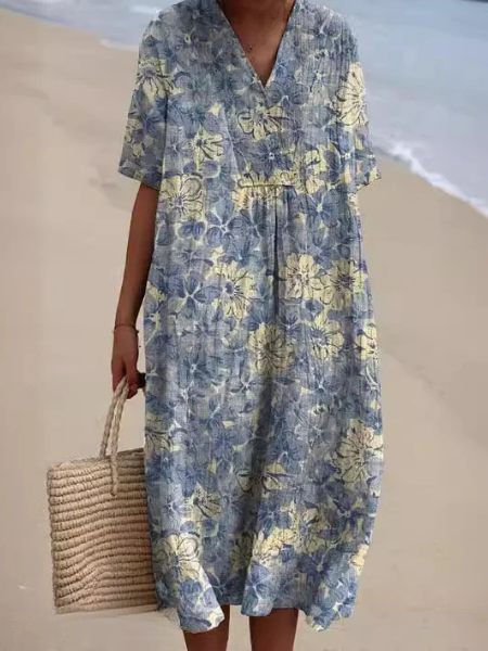 Dames Midi Jurk met V-hals en Korte Mouwen met Bloemenprint Blauw Gouden Bloemen