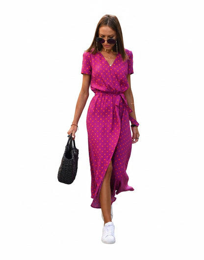 Dames Midi Jurk met V-hals en Wikkelstijl Korte Mouw met Bloemen en Stippenprint