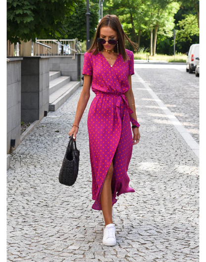 Dames Midi Jurk met V-hals en Wikkelstijl Korte Mouw met Bloemen en Stippenprint Rood Roze