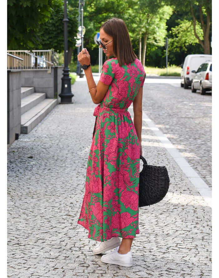 Dames Midi Jurk met V-hals en Wikkelstijl Korte Mouw met Bloemen en Stippenprint