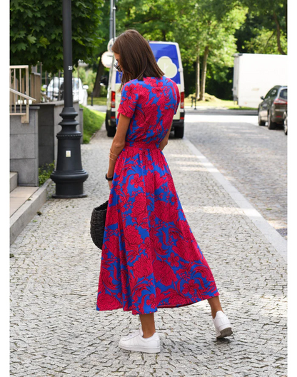 Dames Midi Jurk met V-hals en Wikkelstijl Korte Mouw met Bloemen en Stippenprint