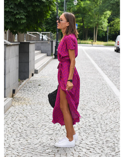 Dames Midi Jurk met V-hals en Wikkelstijl Korte Mouw met Bloemen en Stippenprint