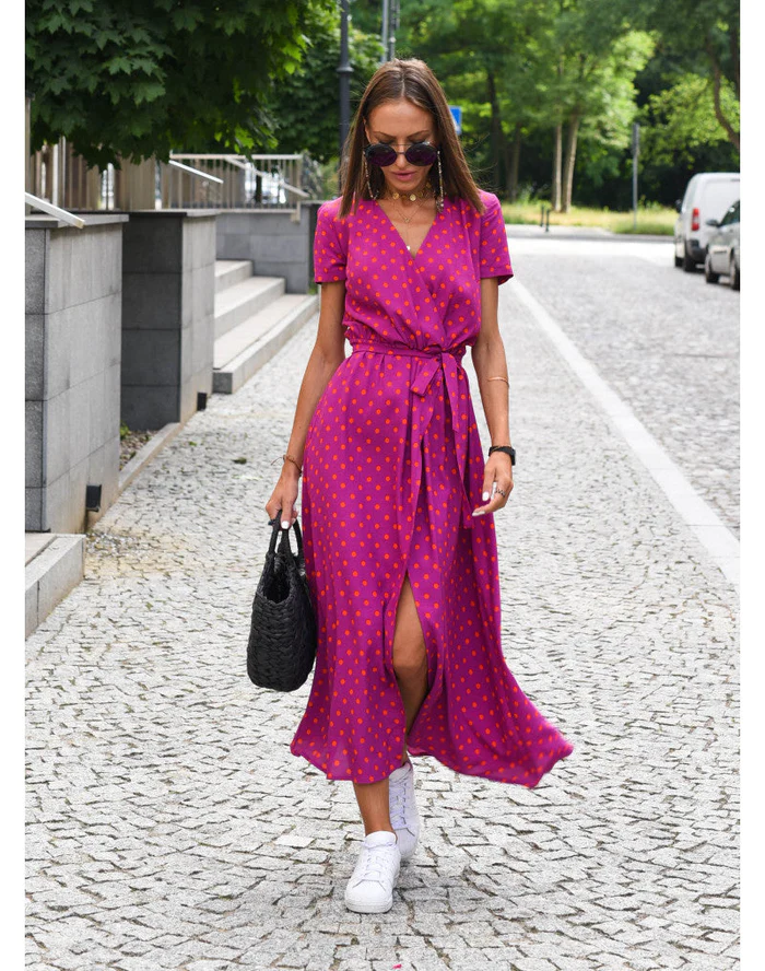 Dames Midi Jurk met V-hals en Wikkelstijl Korte Mouw met Bloemen en Stippenprint