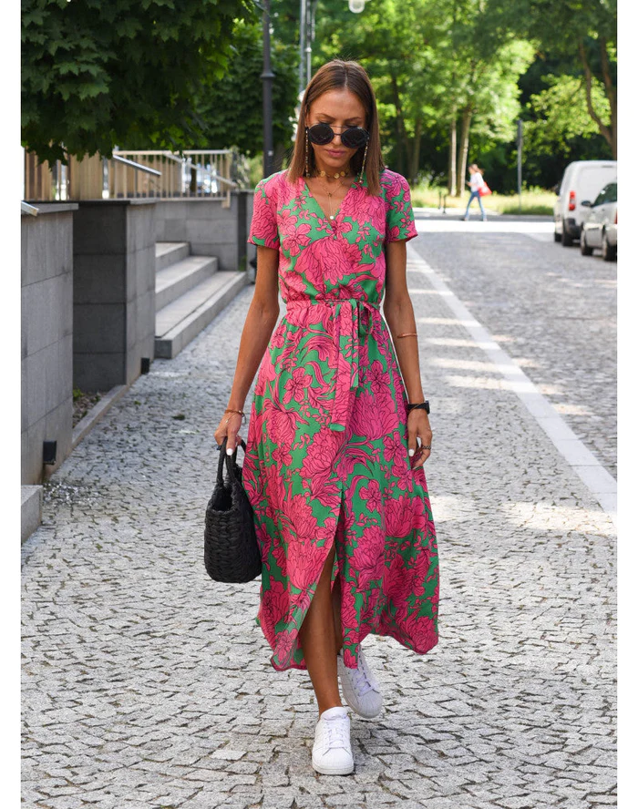 Dames Midi Jurk met V-hals en Wikkelstijl Korte Mouw met Bloemen en Stippenprint Roze