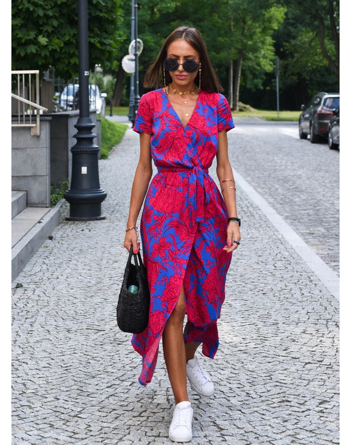 Dames Midi Jurk met V-hals en Wikkelstijl Korte Mouw met Bloemen en Stippenprint Rood Blauw