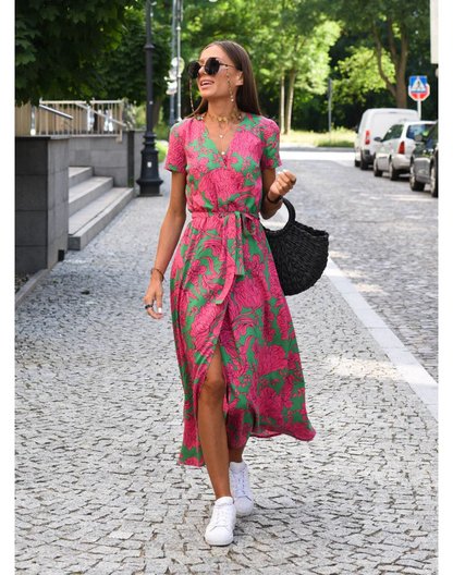 Dames Midi Jurk met V-hals en Wikkelstijl Korte Mouw met Bloemen en Stippenprint