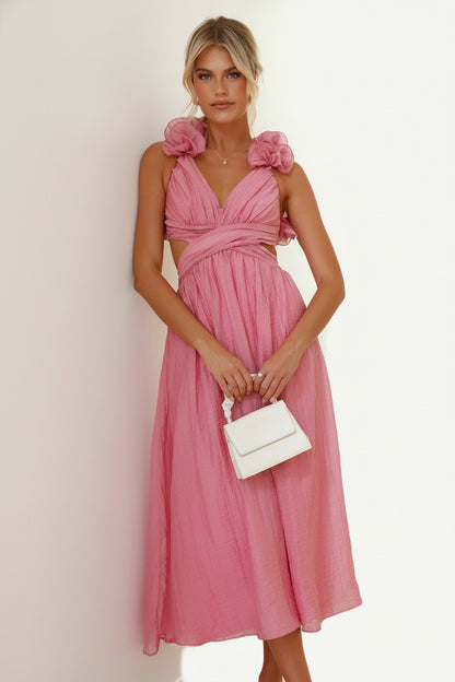 Dames Midi Jurk met V-hals, Ruches op Schouders en Open Rug Roze