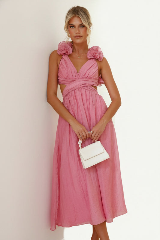 Dames Midi Jurk met V-hals, Ruches op Schouders en Open Rug Roze