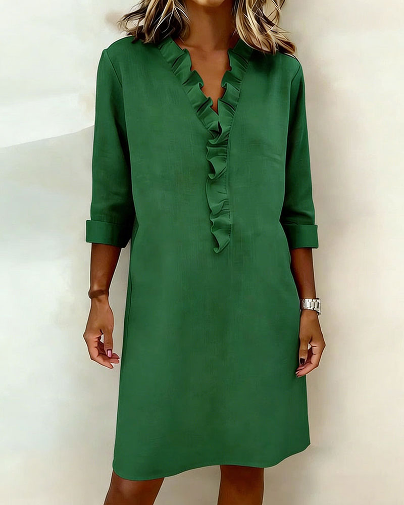 Dames Midi Jurk met V-hals, Volants en Rechte Snit Groen