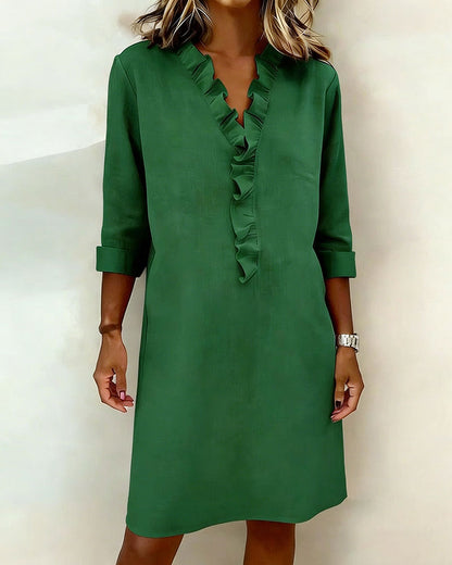 Dames Midi Jurk met V-hals, Volants en Rechte Snit Groen