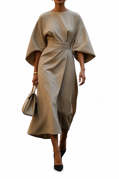 Dames Midi Jurk met Vleermuismouwen en Ceintuur Beige