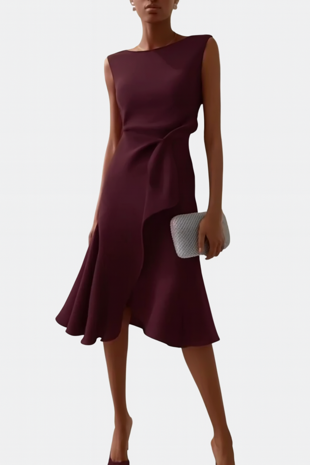 Dames Midi Jurk Mouwloos met Asymmetrische Zoom en Drapering Bordeauxrood