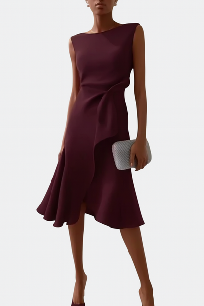 Dames Midi Jurk Mouwloos met Asymmetrische Zoom en Drapering Bordeauxrood
