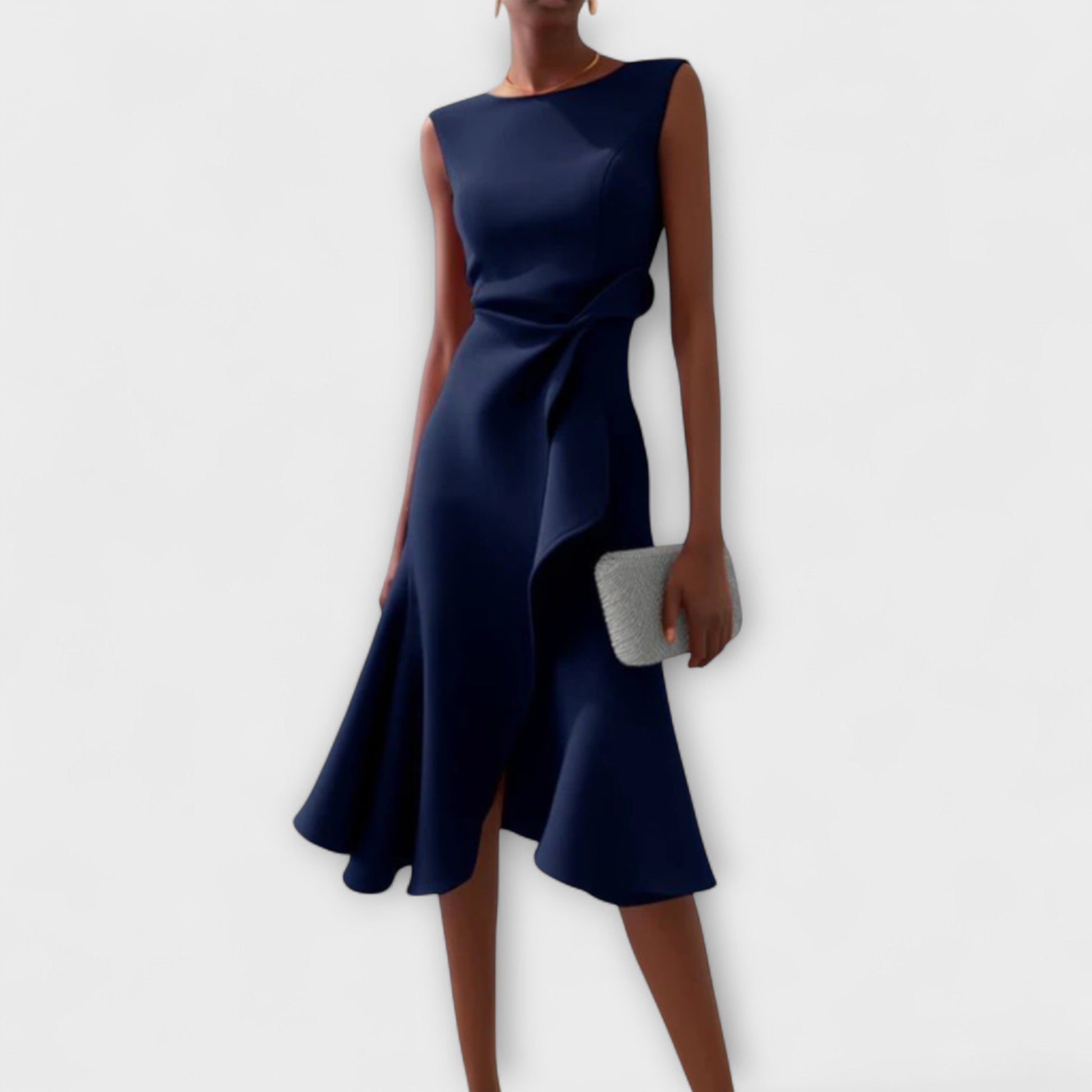 Dames Midi Jurk Mouwloos met Asymmetrische Zoom en Drapering Marineblauw