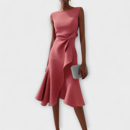 Dames Midi Jurk Mouwloos met Asymmetrische Zoom en Drapering Roze