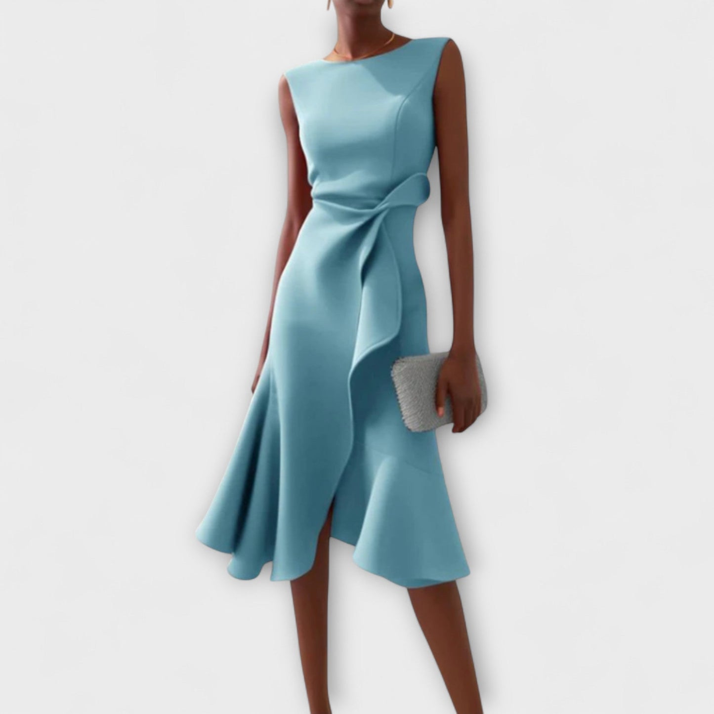 Dames Midi Jurk Mouwloos met Asymmetrische Zoom en Drapering Lichtblauw