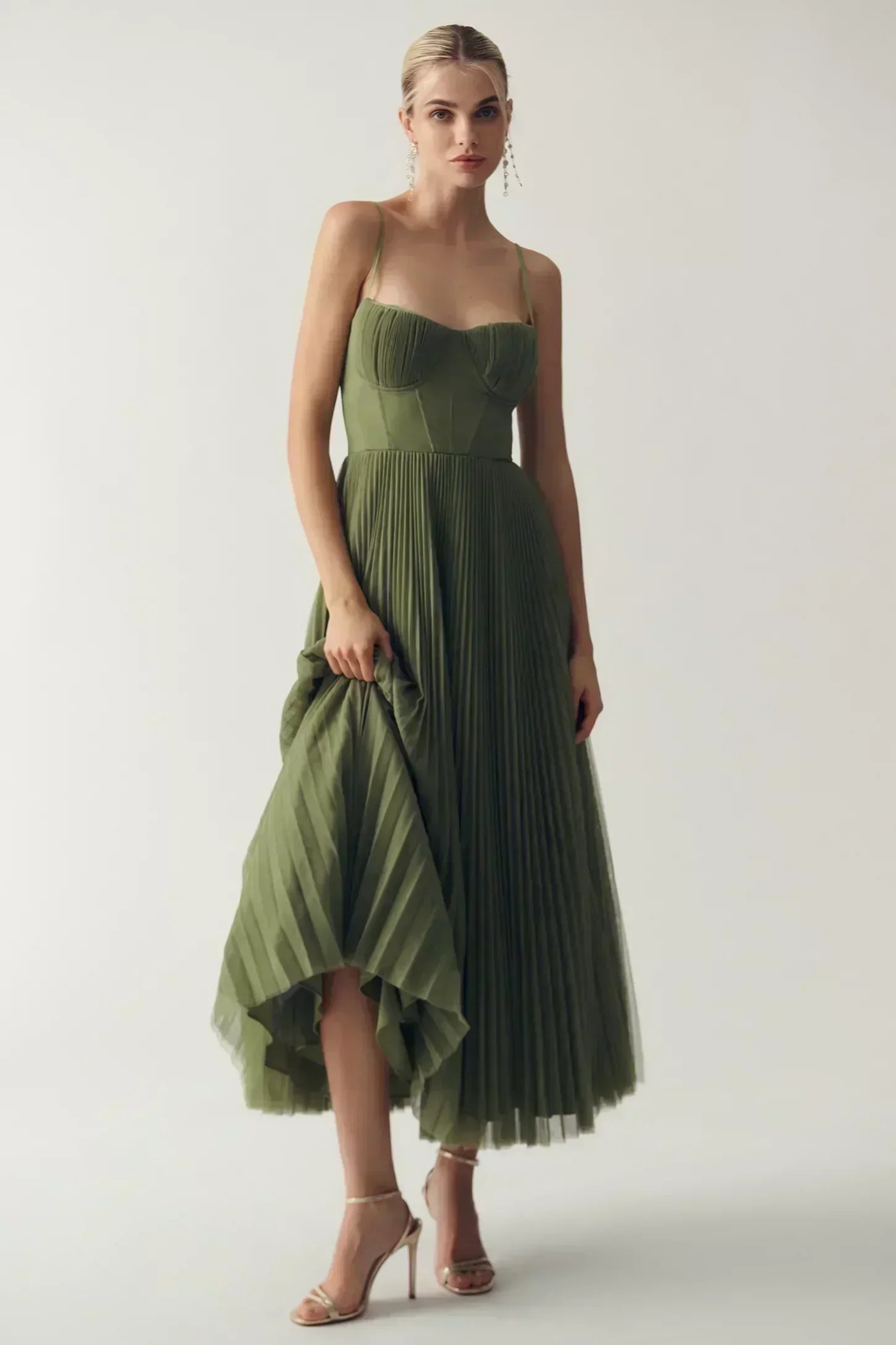 Dames Midi Jurk Mouwloos met Corset en Geplooide A-lijn Rok
