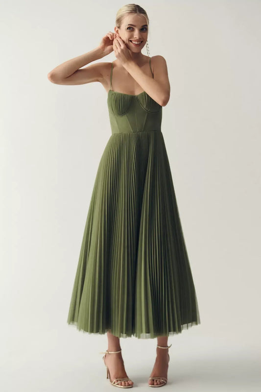 Dames Midi Jurk Mouwloos met Corset en Geplooide A-lijn Rok