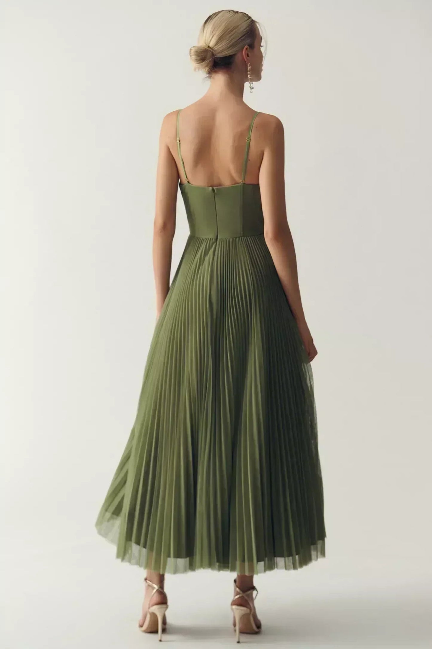 Dames Midi Jurk Mouwloos met Corset en Geplooide A-lijn Rok