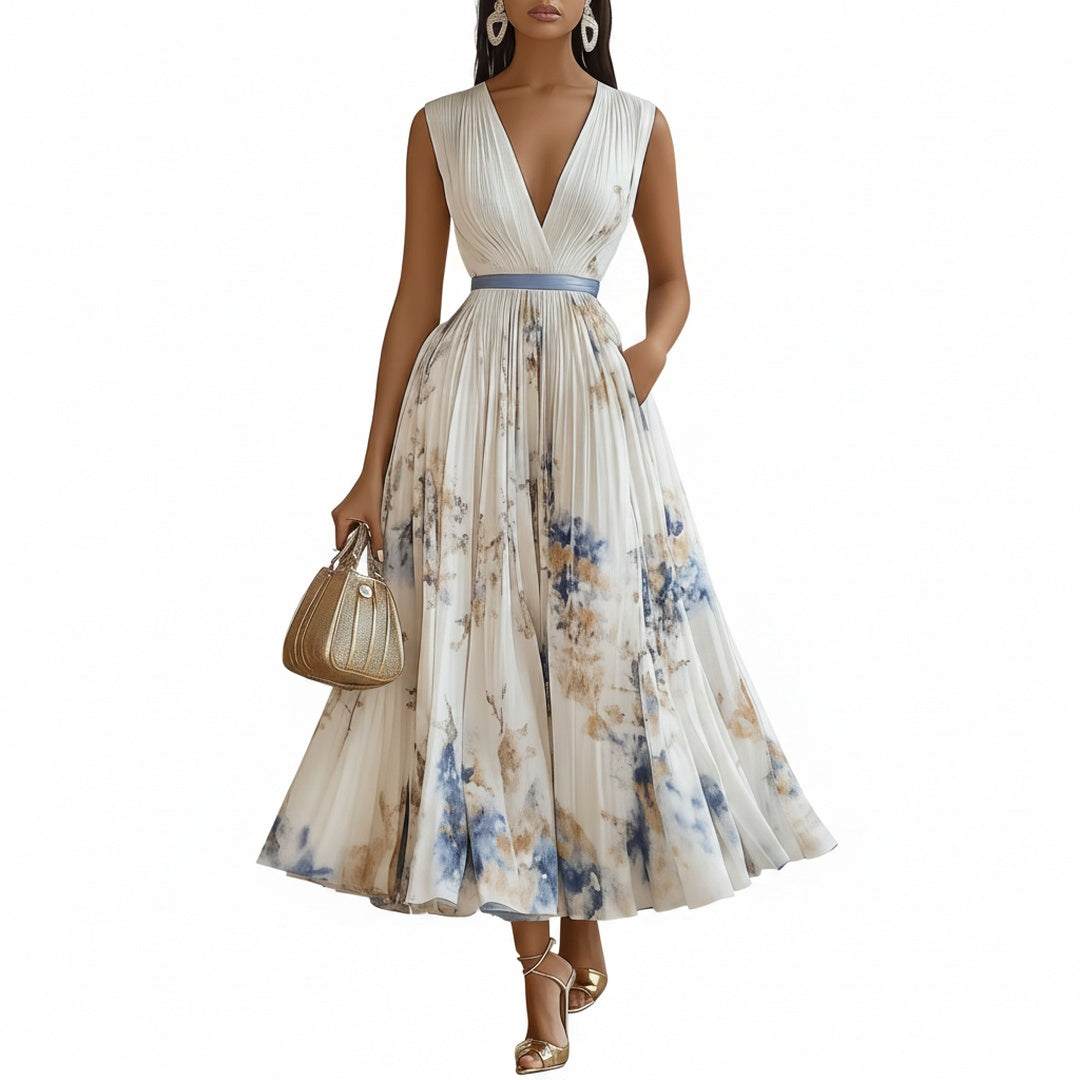 Dames Midi Jurk Mouwloos met Diepe V-hals en Geplooide A-lijn Rok met Bloemenprint