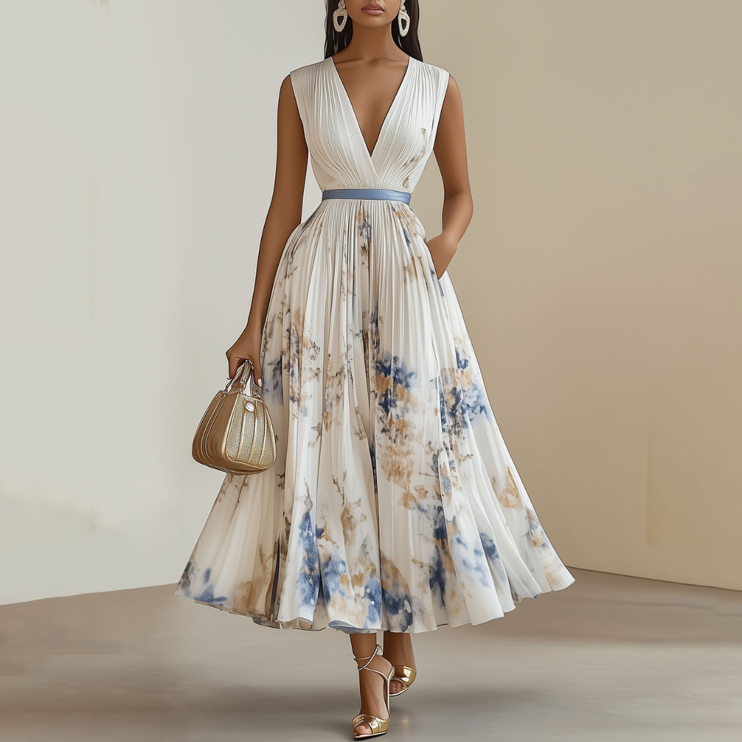 Dames Midi Jurk Mouwloos met Diepe V-hals en Geplooide A-lijn Rok met Bloemenprint Wit