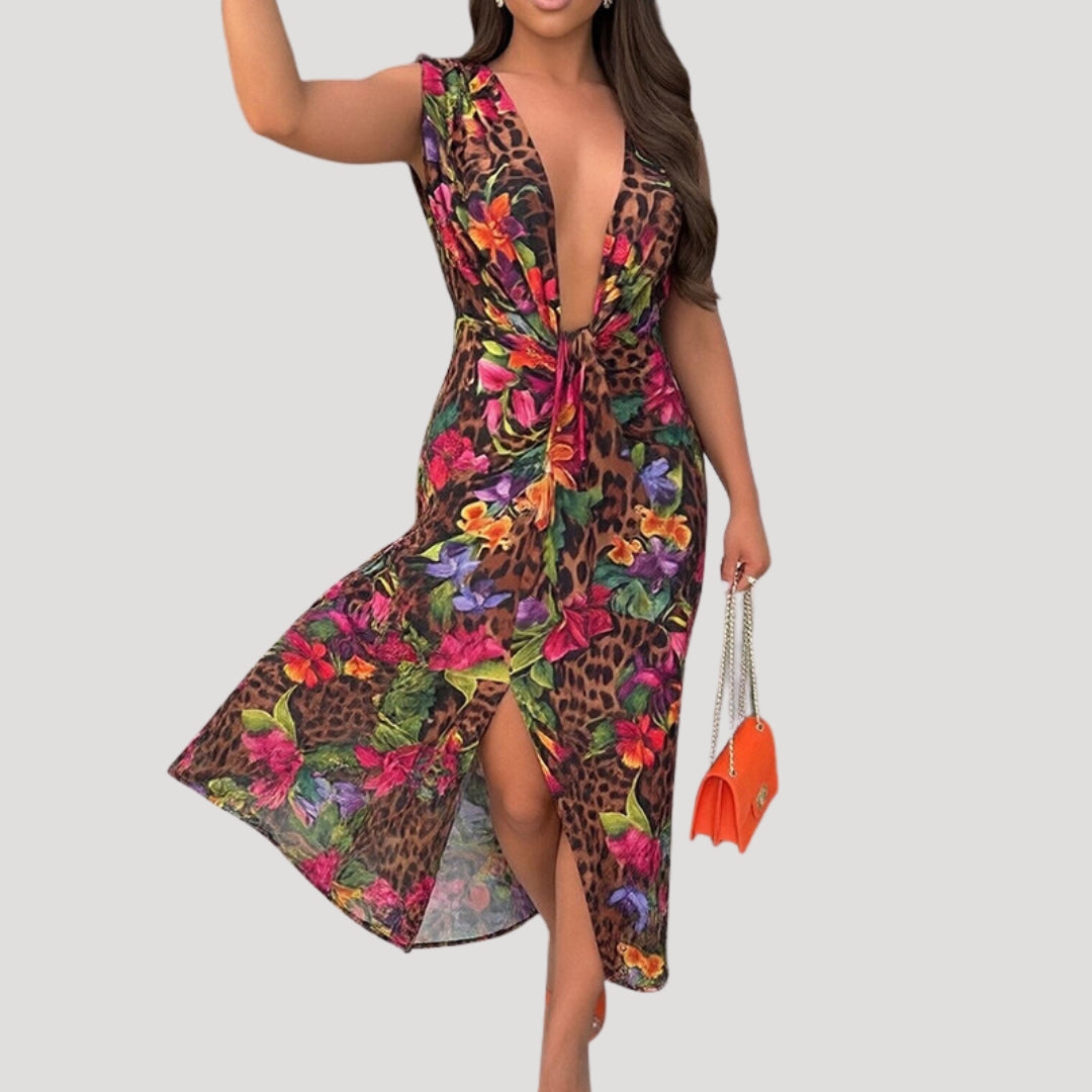 Dames Midi Jurk Mouwloos met Diepe V-hals en Twist Front Detail Veelkleurig