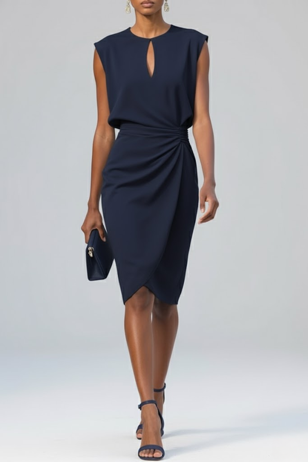 Dames Midi Jurk Mouwloos met Keyhole-hals en Plooidetail Marineblauw