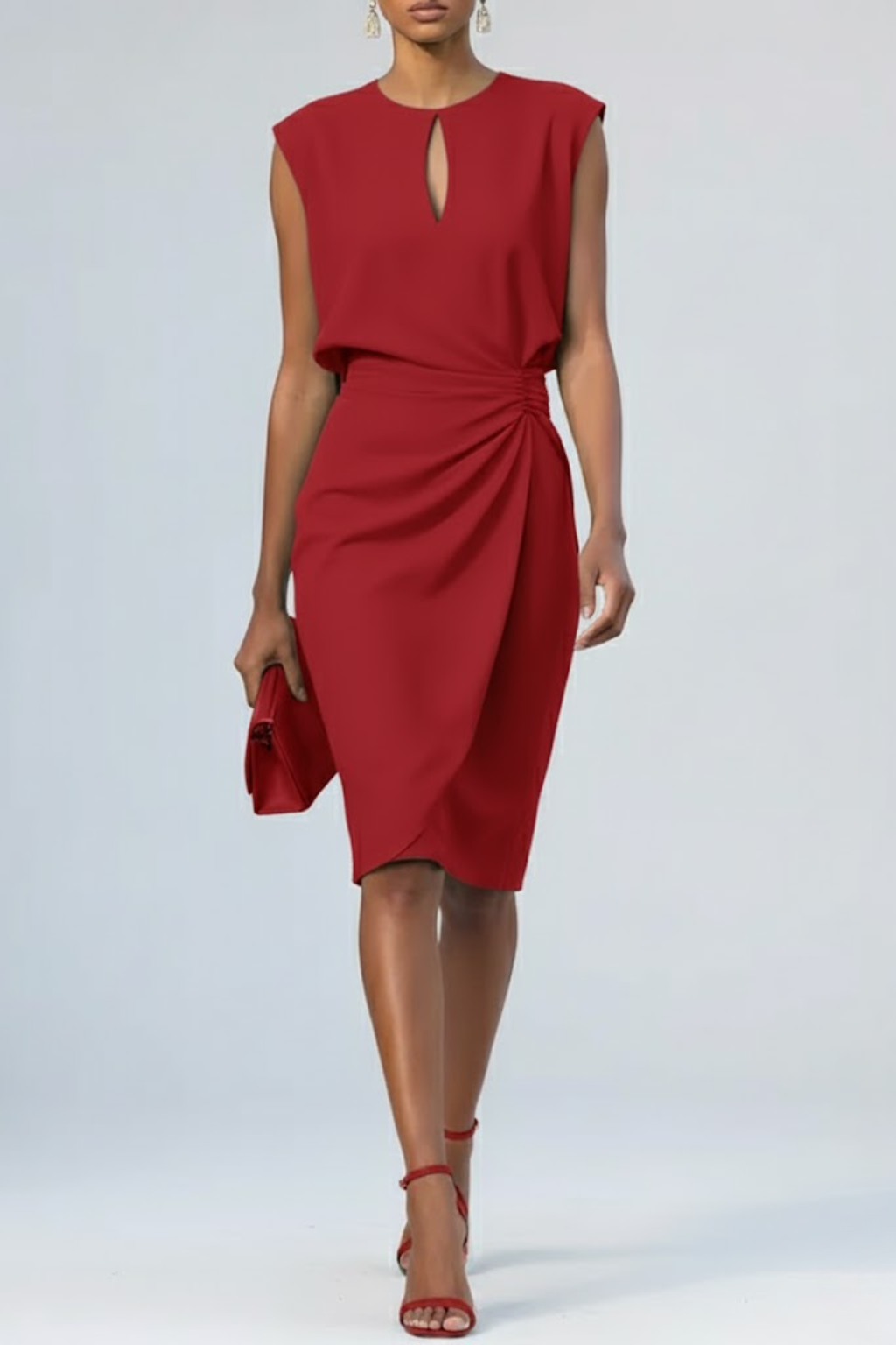 Dames Midi Jurk Mouwloos met Keyhole-hals en Plooidetail Rood