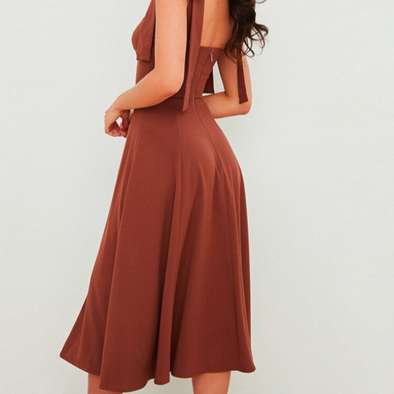 Dames Midi Jurk Rozekleurig met Strikbandjes en Sweetheart Decolleté