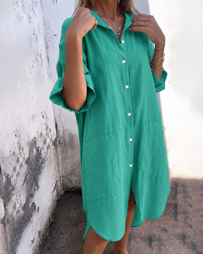 Dames Midi Shirt Dress Oversized met Knoopsluiting en Zijsplit Groen