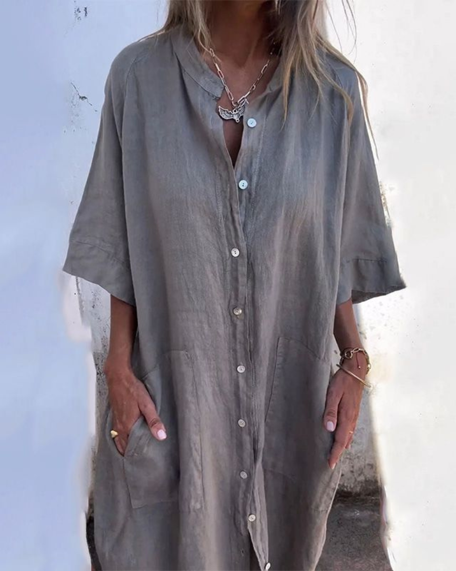 Dames Midi Shirt Dress Oversized met Knoopsluiting en Zijsplit Grijs