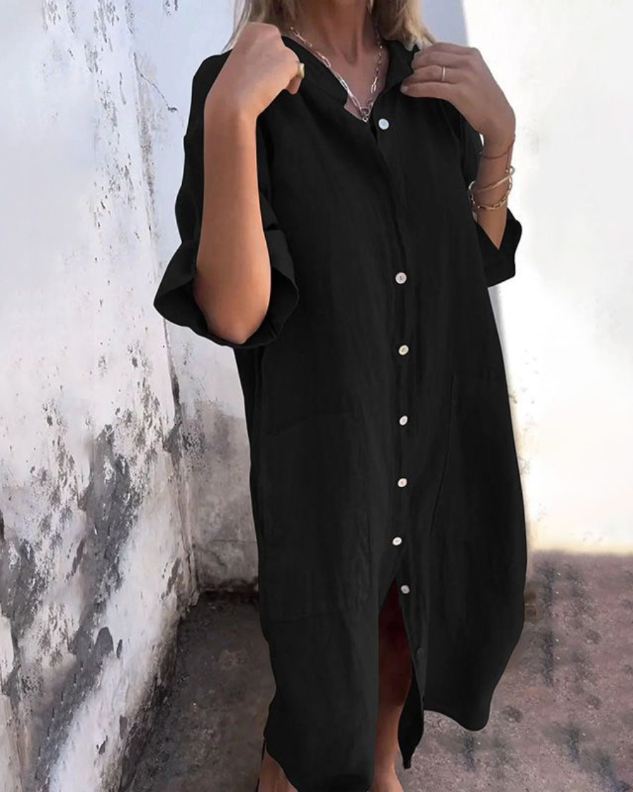 Dames Midi Shirt Dress Oversized met Knoopsluiting en Zijsplit Zwart