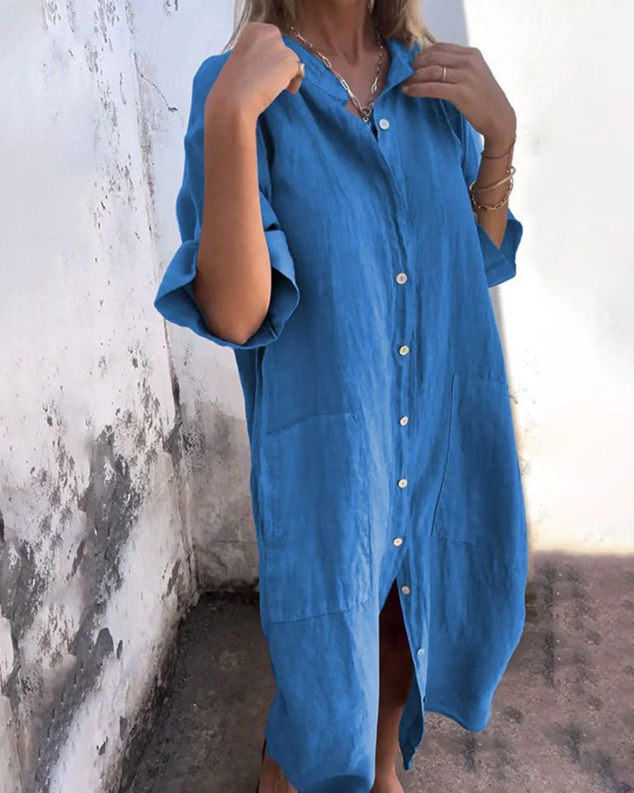 Dames Midi Shirt Dress Oversized met Knoopsluiting en Zijsplit Blauw