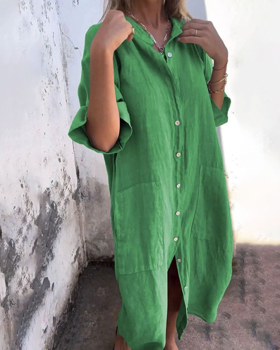 Dames Midi Shirt Dress Oversized met Knoopsluiting en Zijsplit Groen