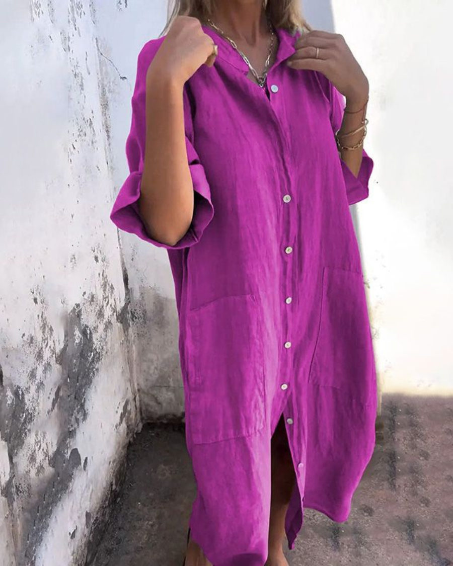 Dames Midi Shirt Dress Oversized met Knoopsluiting en Zijsplit Paars